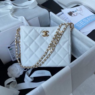 Chanel Small Hobo Bag Grained Calfskin Gold AS3223 White