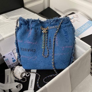 Chanel AS3027 Bucket Bag Printed Denim Gold Blue