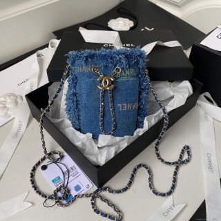 Chanel AP2603 Mini Bucket Bag with Chain Printed Denim Gold Blue