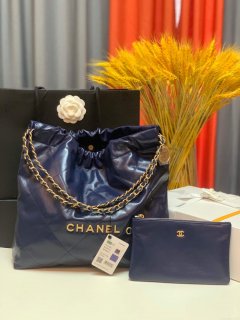 Chanel 22 Handbag Shiny Calfskin Gold AS3261 Navy Blue