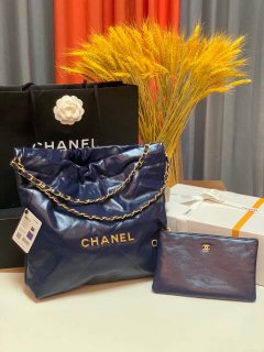 Chanel 22 Small Handbag Shiny Calfskin AS3260 Navy Blue Gold