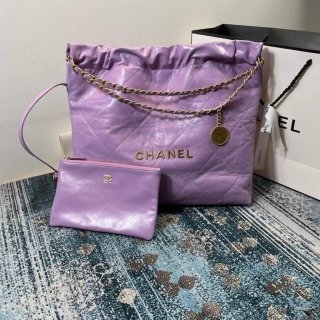 Chanel 22 Handbag Shiny Calfskin Gold AS3261 Purple