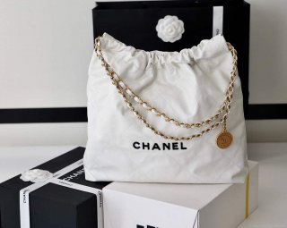 Chanel 22 Handbag Shiny Calfskin Gold AS3261 White with Black logo