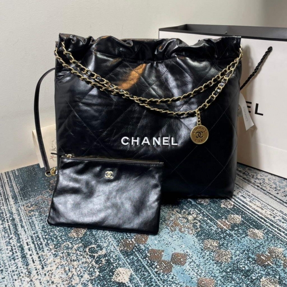 Chanel 22 Handbag Shiny Calfskin Gold AS3261 Black with white logo