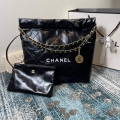 Chanel 22 Small Handbag Shiny Calfskin AS3260 Black Gold with White logo