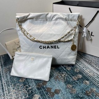 Chanel 22 Small Handbag Shiny Calfskin AS3260 White Gold with Black logo