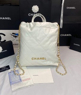 Chanel 22 Backpack Shiny Calfskin AS3313 White Gold