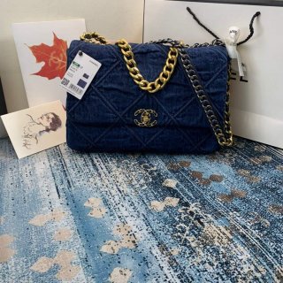 Chanel 19 Maxi Handbag Lambskin Gold AS1162 Navy Blue