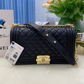 Chanel A67086 Boy Handbag Black Leather Light Gold