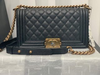 Chanel A67086 Boy Handbag Black Leather Bronze