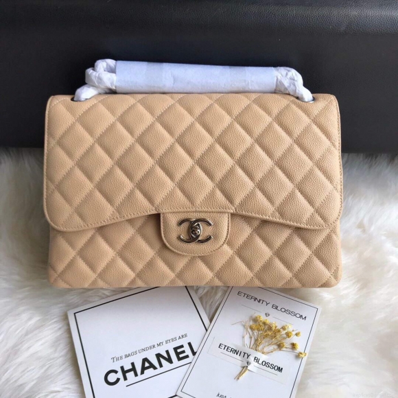 Chanel A01113 Maxi Flap Handbag Classic bag Grained shiny Calfskin gold Tan