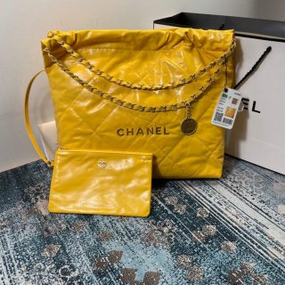 Chanel 22 Handbag Shiny Calfskin Gold AS3261 Yellow