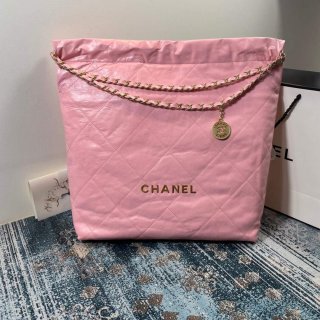 CHANEL 22 Large Handbag Shiny Calfskin Gold AS3262 Light Pink