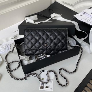 Chanel AP0250 Wallet on Chain Grained Calfskin A33814 Black Silver