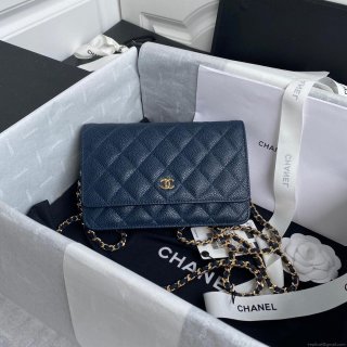 Chanel AP0250 Wallet on Chain Grained Calfskin A33814 Navy Blue