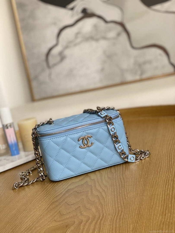 Chanel A81194 Vanity with chain Calfskin Sliver Light Blue