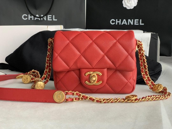 Chanel Mini Flap Bag Shiny Calfskin Gold-Tone Metal AS3368 Red