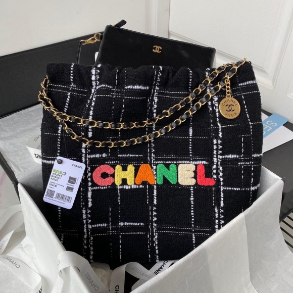 Chanel 22 Handbag Gold-Tone Metal AS3261 Black