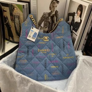 Chanel Maxi Hobo Bag AS3156 Printed denim gold-tone metal Blue