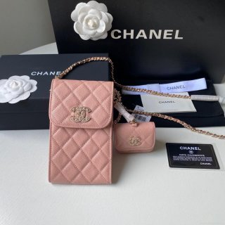 Chanel Phone Airpods Pro Case with Chain Grained Shiny Pink AP2742