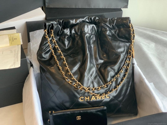 Chanel 22 Large Handbag Shiny Calfskin Gold-Tone Meta AS3262 Black