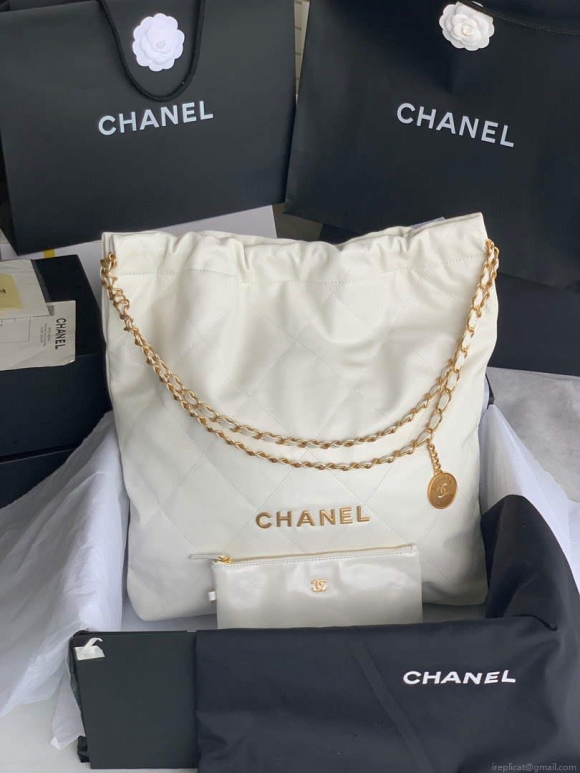 Chanel 22 Large Handbag Shiny Calfskin Gold-Tone Metal AS3262 White