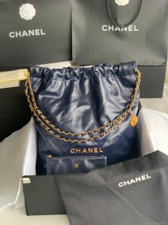 Chanel 22 Large Handbag Shiny Calfskin Gold-Tone Metal AS3262 Navy Blue