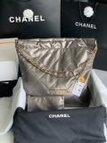 Chanel 22 Large Handbag Shiny Calfskin Gold-Tone Metal AS3262 Ruthenium