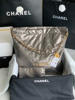 Chanel 22 Large Handbag Shiny Calfskin Gold-Tone Metal AS3262 Ruthenium