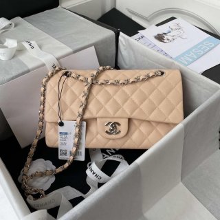 Chanel A01112 Flap Handbag Classic bag Grained shiny Calfskin Black Apricot Pink Silver