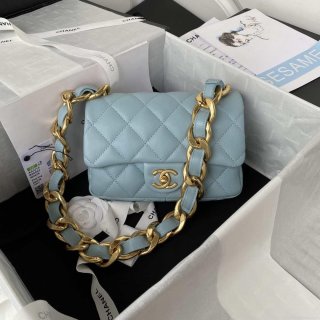 Chanel AS3214 Small Flap Bag Lambskin Gold-Tone Metal Blue