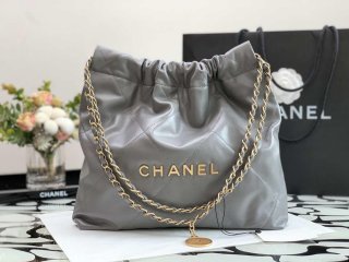 Chanel 22 Handbag Metallic Calfskin AS3261 Gray Gold Metal with Gold