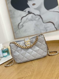 Chanel AS3476 HOBO Handbag Lambskin & Gold-Tone Metal Light Gray