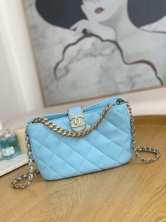 Chanel AS3476 HOBO Handbag Lambskin & Gold-Tone Metal Light Blue