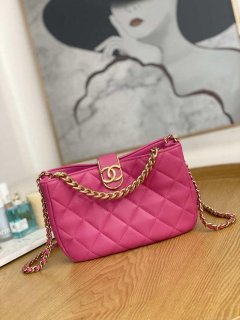 Chanel AS3476 HOBO Handbag Lambskin & Gold-Tone Metal Rose Red