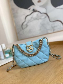 Chanel 3475 Small HOBO Handbag Lambskin & Gold-Tone Metal Ligth Blue