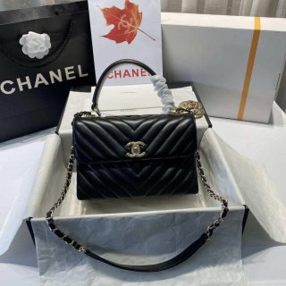 Chanel A92236 Flap Bag With Top Handle Lambskin & Gold-Tone Metal V Gird Black