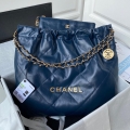 Chanel 22 Handbag AS3261 Shiny Calfskin Gold-Tone Metal Navy Blue