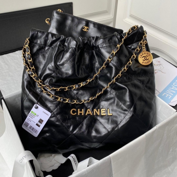 Chanel 22 Handbag AS3261 Shiny Calfskin Gold-Tone Metal Black Logo Gold