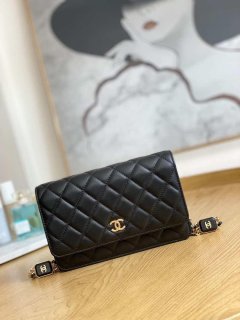 Chanel A81217 Flap Bag Lambskin Onyx Small Square Stewardess Bag Black