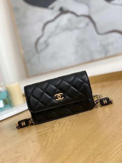 Chanel A68098 Mini Flap Bag Lambskin Onyx Small Square Stewardess Bag Black