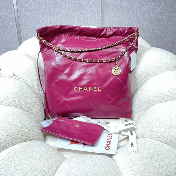 Chanel 22 Large Handbag Shiny Calfskin AS3262 Rose Red