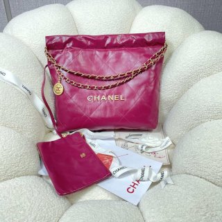 Chanel 22 Small Handbag Shiny Calfskin AS3260 Rose Red