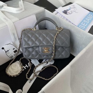 Chanel AS2431 Mini flap Lambskin bag with top handle Light gold Dark Gray