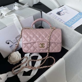 Chanel AS2431 Mini flap Lambskin bag with top handle Light gold Dark Pink