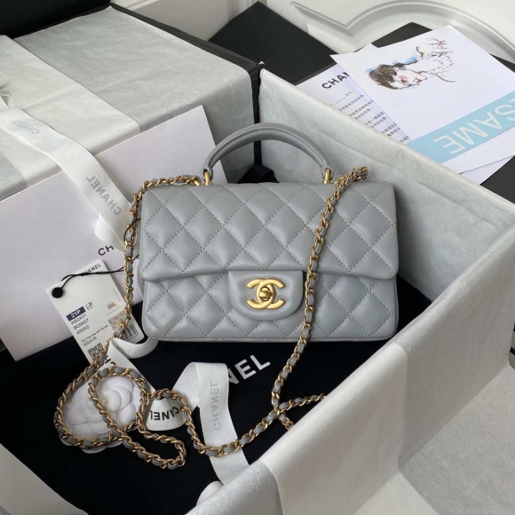 Chanel Mini flap Lambskin bag with top handle AS2431 Gray gold