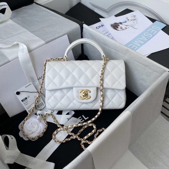 Chanel Mini flap Lambskin bag with top handle AS2431 White gold