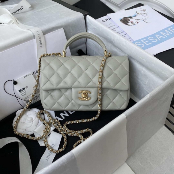 Chanel Mini flap Lambskin bag with top handle AS2431 Light Green Gold