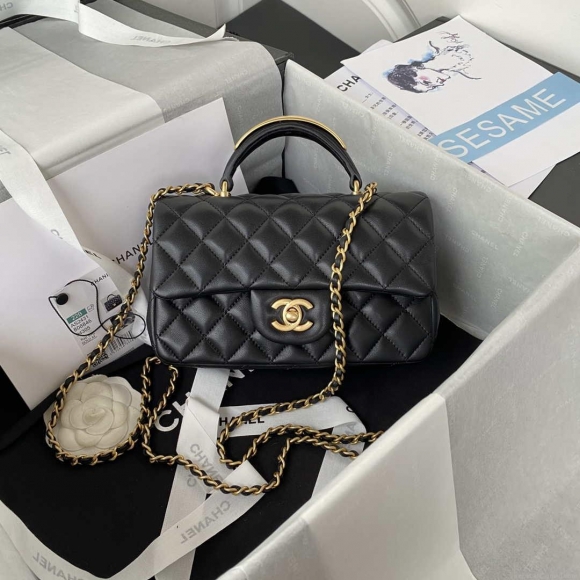 Chanel AS2431 Mini flap Black Lambskin bag with top handle Gold