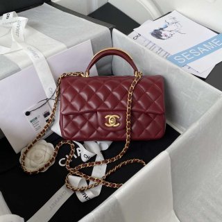 Chanel AS2431 Mini flap Wine Red Lambskin bag with top handle Gold